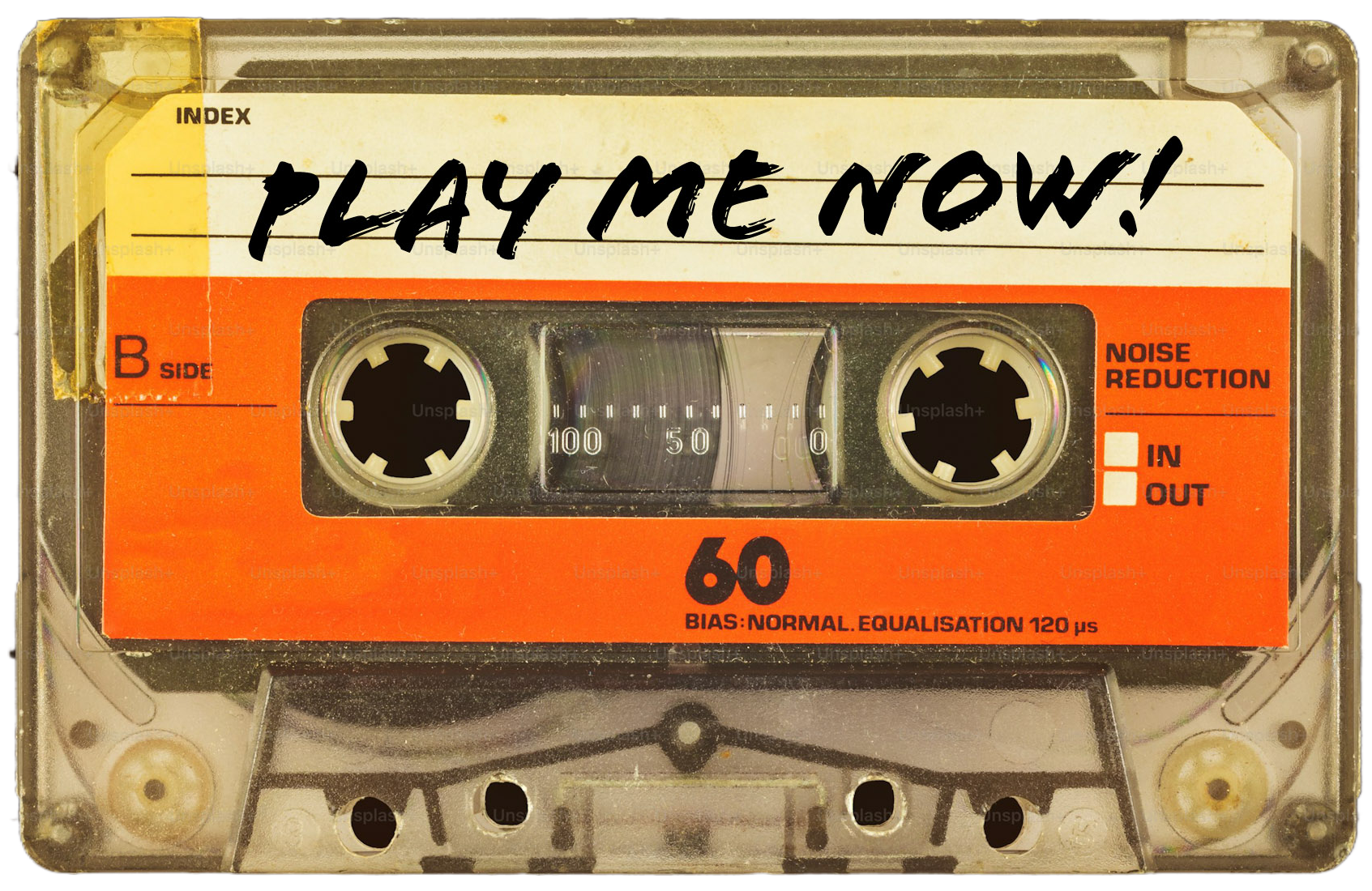 Vintage orange cassette tape labeled "PLAY ME NOW" from iDj Entertainment, Los Angeles DJ services.