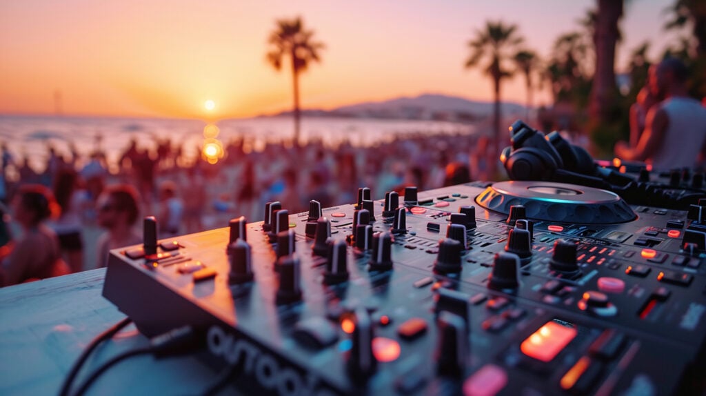 iDj Entertainment DJ equipment at sunset beach party in Los Angeles, California.