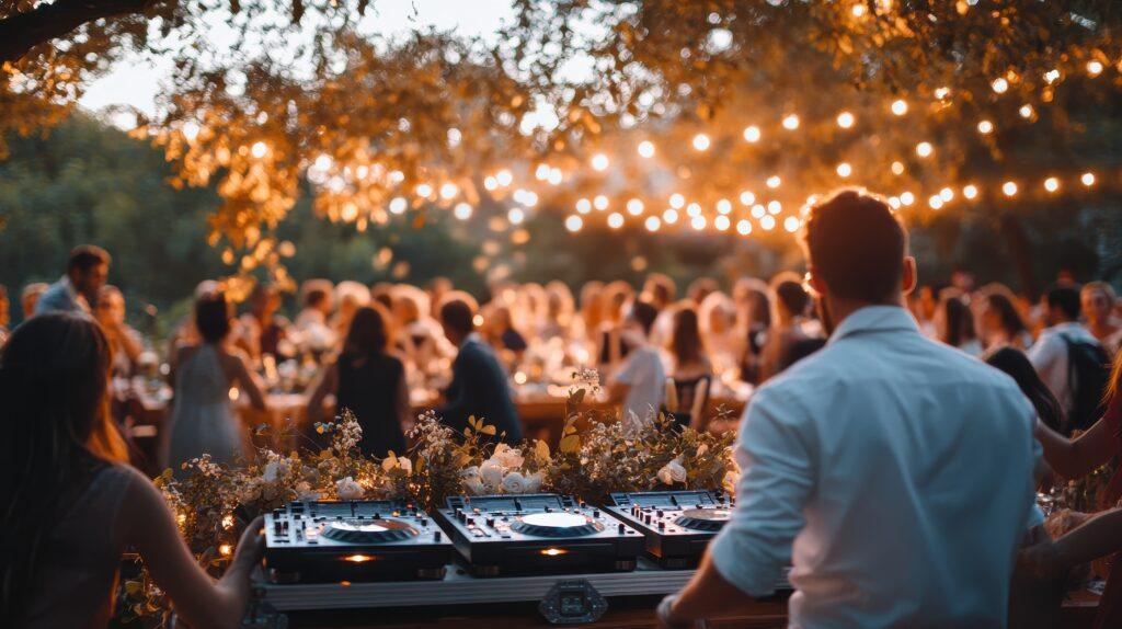 A DJ mixes songs at an outdoor wedding reception while guests dance and celebrate.
