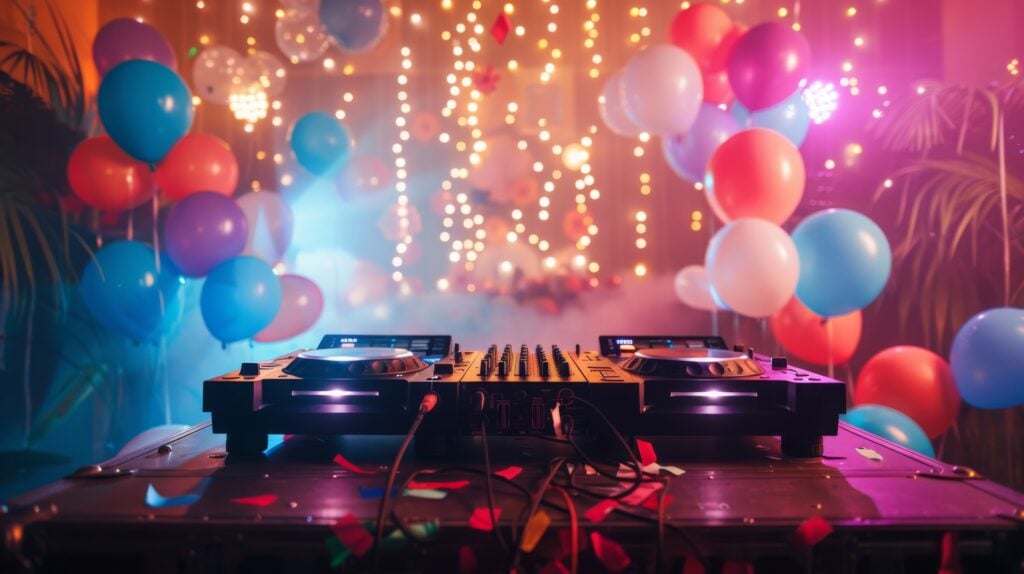 A DJ mixer sits on a table with balloons and string lights in the background. The party atmosphere is evident with confetti on the table and balloons floating in the air.